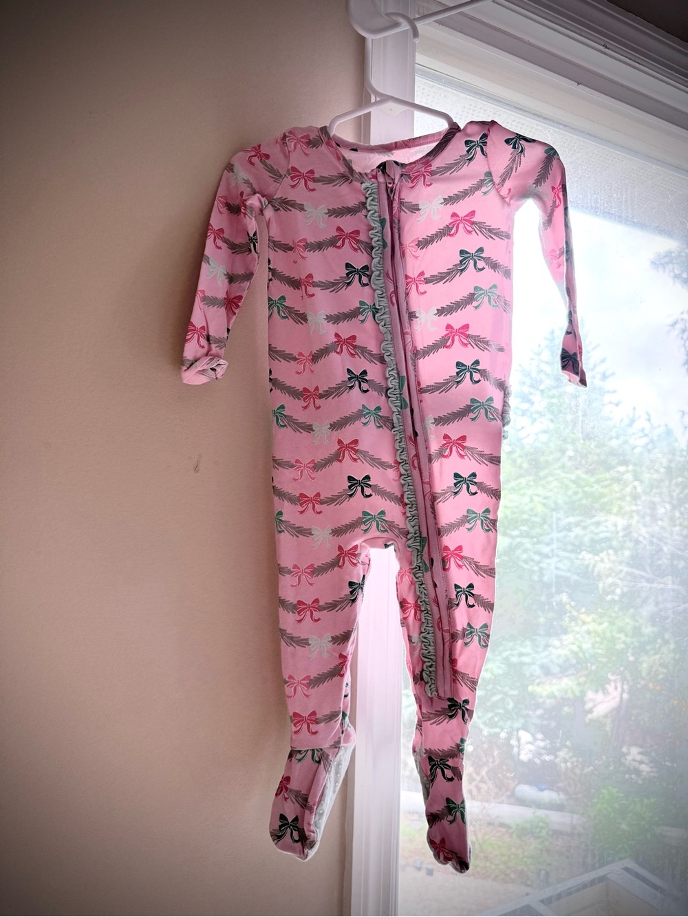 3 for $25 Pink Bow-Print Footed One-Piece Pajamas with Ruffle Zipper